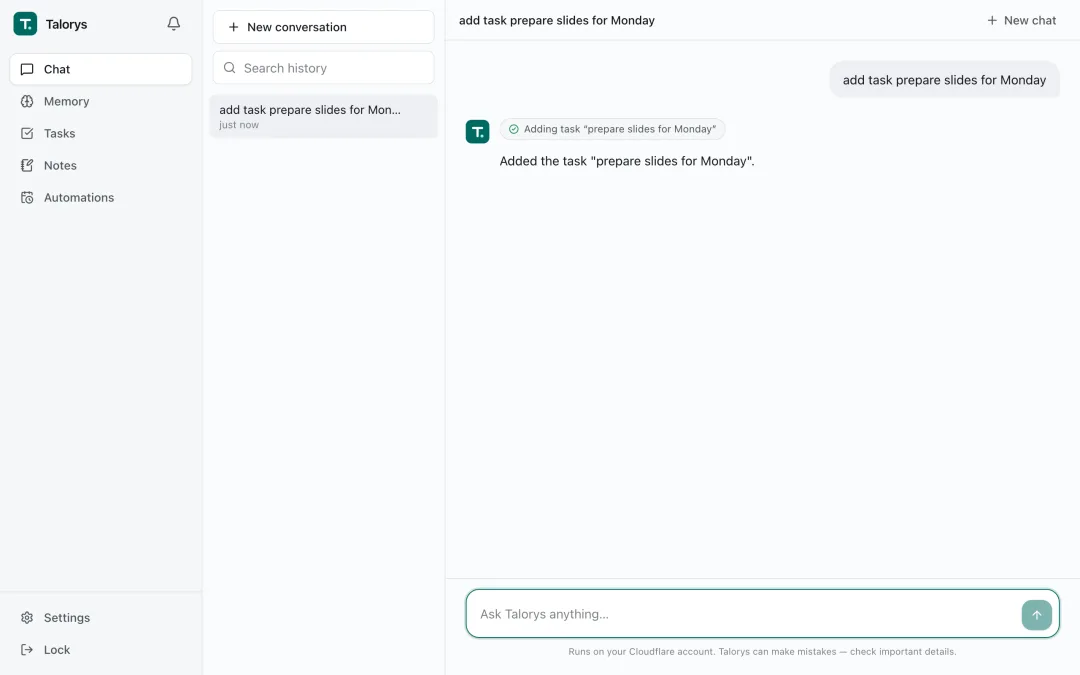Talorys 的聊天界面，在 Cloudflare 上运行的私人 AI 助手