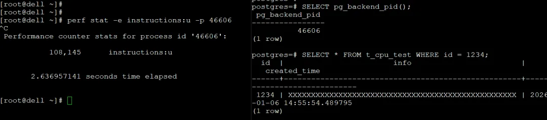PostgreSQL 18.1 的 perf stat 采样结果，108145 条指令