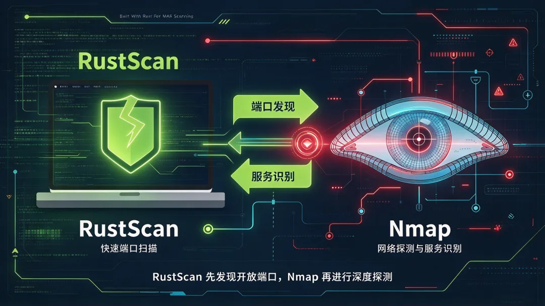 RustScan 与 Nmap 的分工：先快速发现端口，再深度识别服务