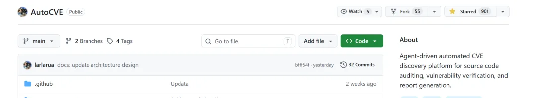 AutoCVE 的 GitHub 仓库首页，901 Star，Agent 驱动的 CVE 挖掘平台