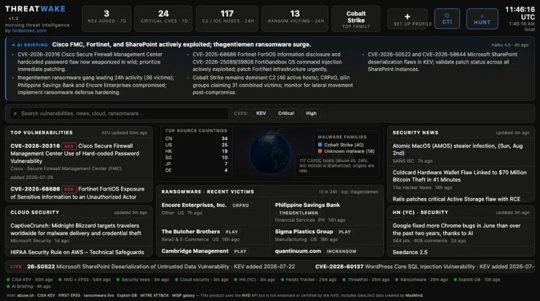 Threatwake 的晨间威胁情报面板，汇总 CVE、KEV、勒索与安全新闻